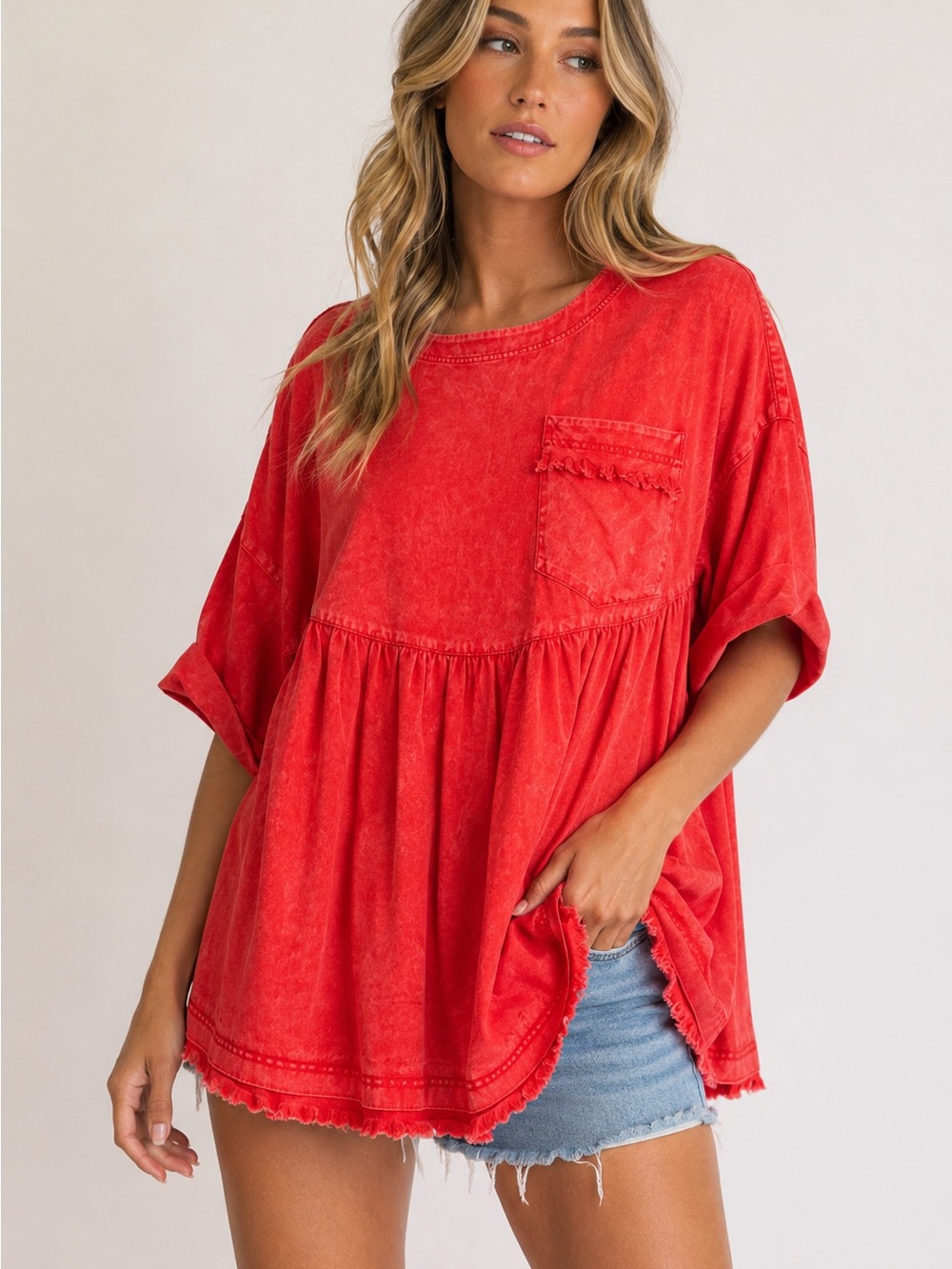 Sewn + Seen Acid Wash Babydoll Tunic Top Red Frayed Hem Oversized Boho Large